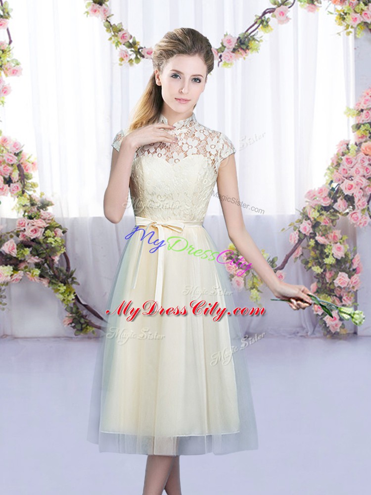 Artistic Empire Bridesmaids Dress Champagne High-neck Tulle Cap Sleeves Tea Length Zipper