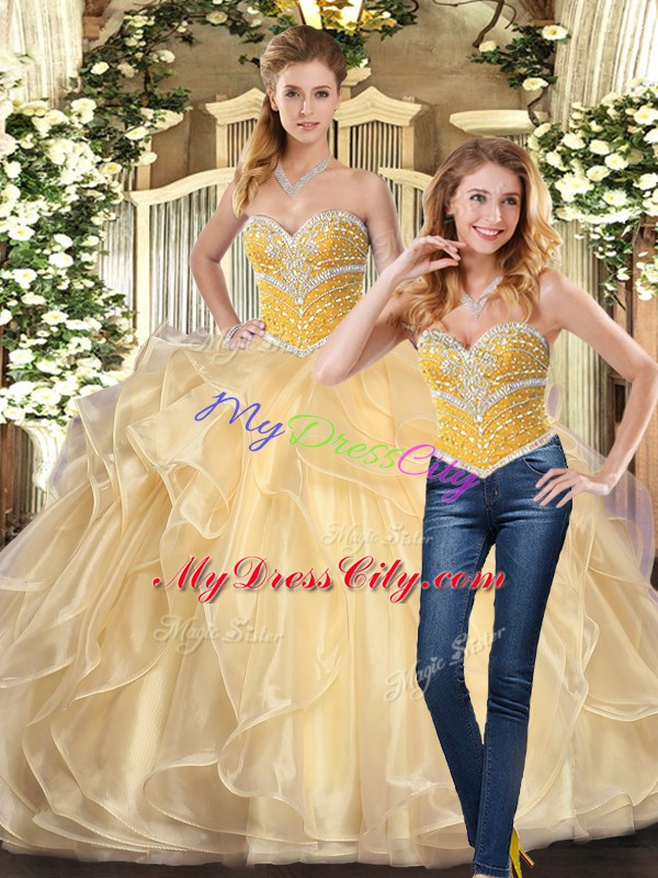 Trendy Champagne Lace Up 15 Quinceanera Dress Beading and Ruffles Sleeveless Floor Length