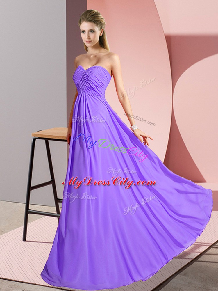 Sleeveless Chiffon Floor Length Lace Up Womens Evening Dresses in Lavender with Ruching