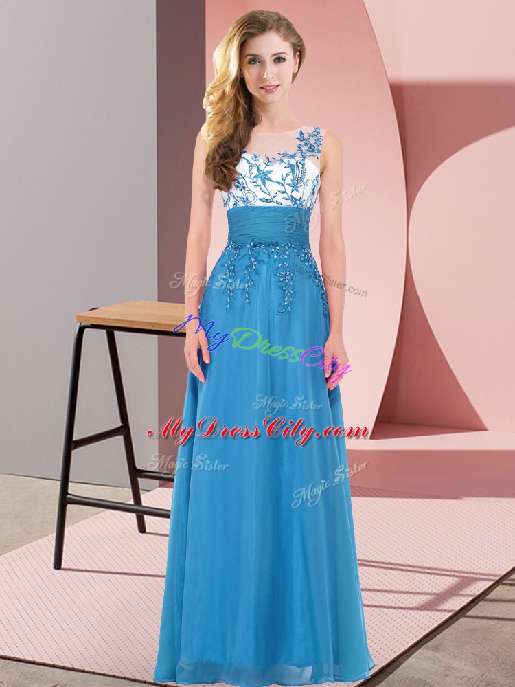 Blue Scoop Neckline Appliques Wedding Guest Dresses Sleeveless Backless