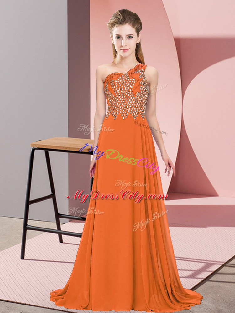 Orange Evening Dress Prom and Party with Beading One Shoulder Sleeveless Side Zipper