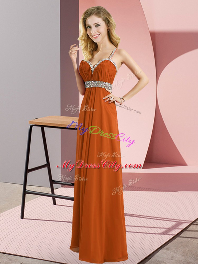 Rust Red Sleeveless Floor Length Beading Criss Cross