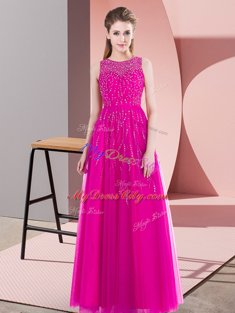 Spectacular Fuchsia Sleeveless Beading Floor Length Evening Dress