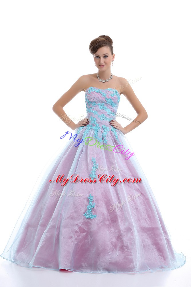 Suitable Appliques Ball Gown Prom Dress Light Blue Lace Up Sleeveless Floor Length