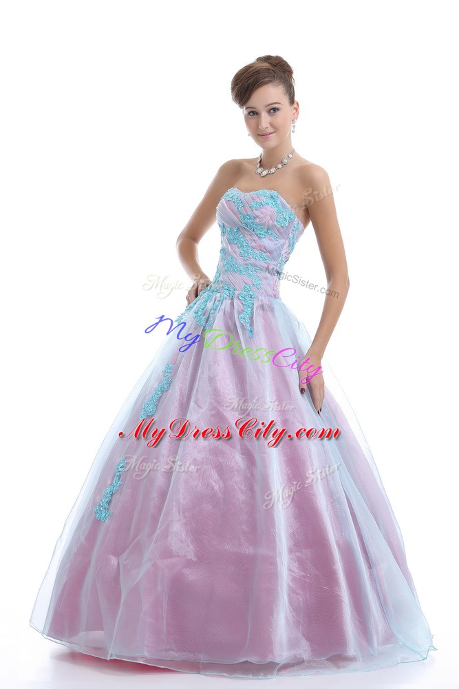 Suitable Appliques Ball Gown Prom Dress Light Blue Lace Up Sleeveless Floor Length