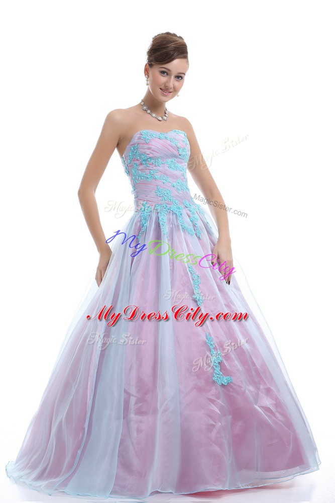 Suitable Appliques Ball Gown Prom Dress Light Blue Lace Up Sleeveless Floor Length