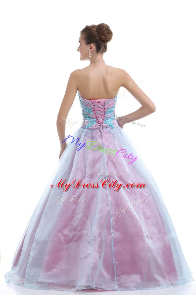 Suitable Appliques Ball Gown Prom Dress Light Blue Lace Up Sleeveless Floor Length