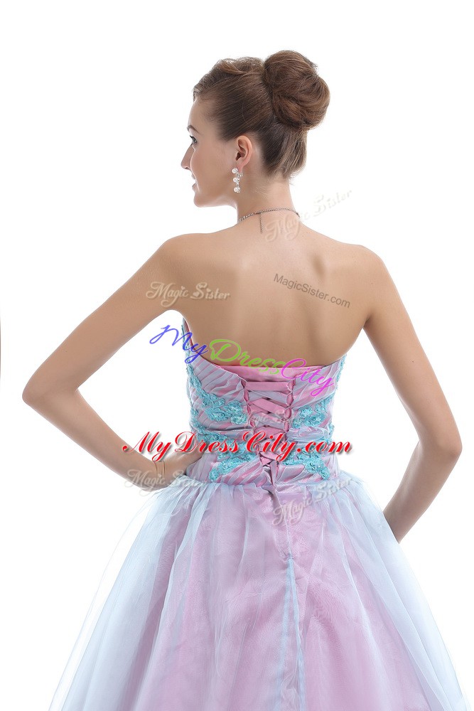 Suitable Appliques Ball Gown Prom Dress Light Blue Lace Up Sleeveless Floor Length