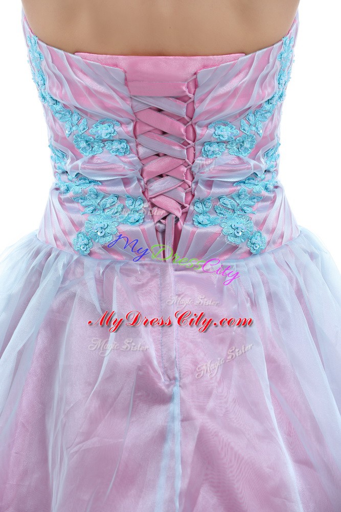 Suitable Appliques Ball Gown Prom Dress Light Blue Lace Up Sleeveless Floor Length