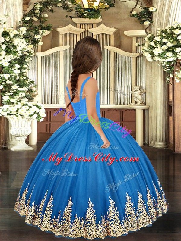 Perfect Ball Gowns Little Girl Pageant Dress Royal Blue Straps Tulle Sleeveless Floor Length Lace Up