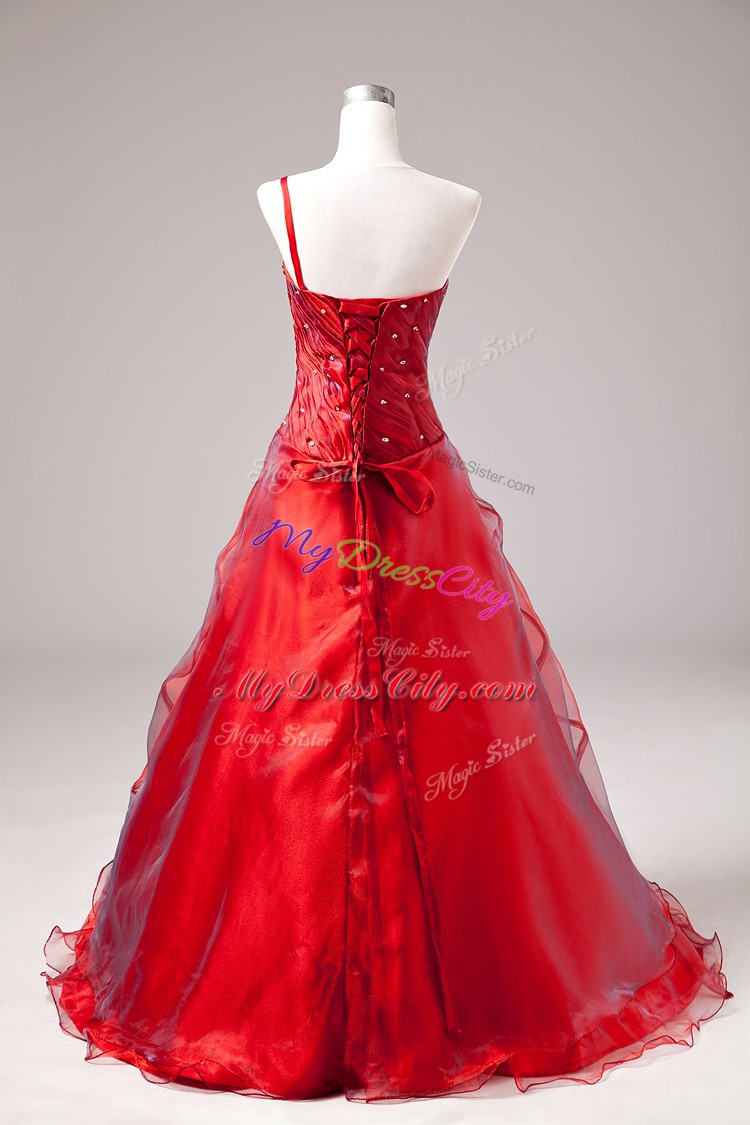 Charming Beading Ball Gown Prom Dress Red Lace Up Sleeveless Floor Length