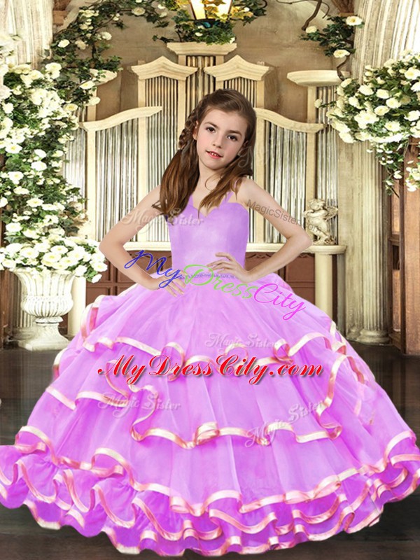 Sleeveless Organza Floor Length Lace Up Child Pageant Dress in Lavender with Ruffled Layers