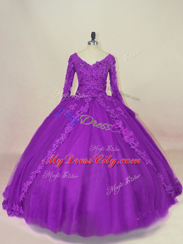 Luxurious Purple Long Sleeves Appliques Floor Length Quinceanera Gowns