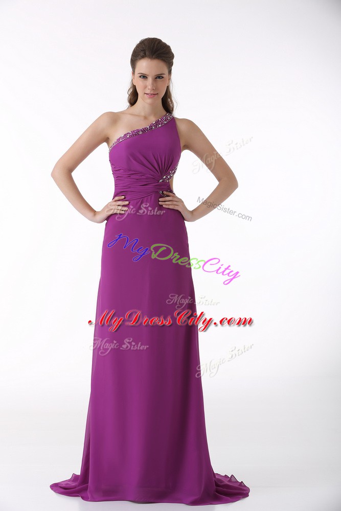 Elegant Fuchsia Homecoming Party Dress One Shoulder Sleeveless Brush Train Backless