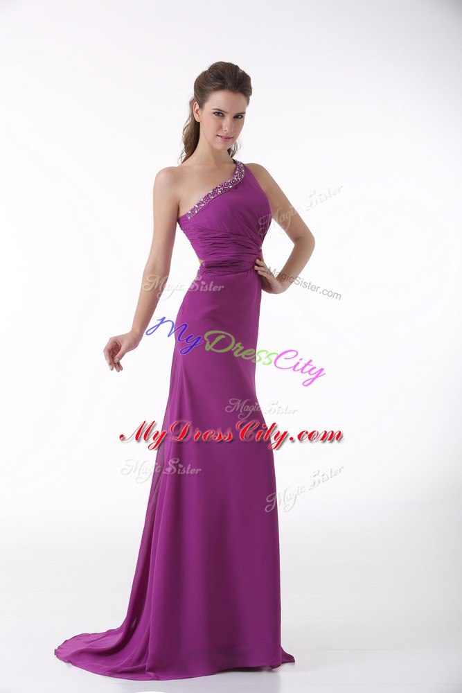 Elegant Fuchsia Homecoming Party Dress One Shoulder Sleeveless Brush Train Backless