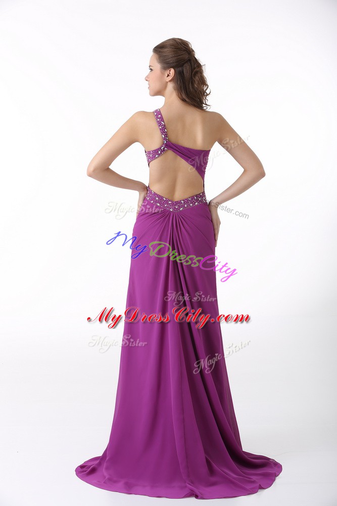 Elegant Fuchsia Homecoming Party Dress One Shoulder Sleeveless Brush Train Backless