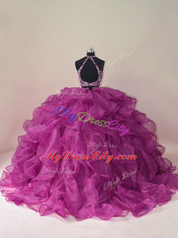 Fuchsia Ball Gowns Organza Scoop Sleeveless Beading and Ruffles Backless 15th Birthday Dress Brush Train