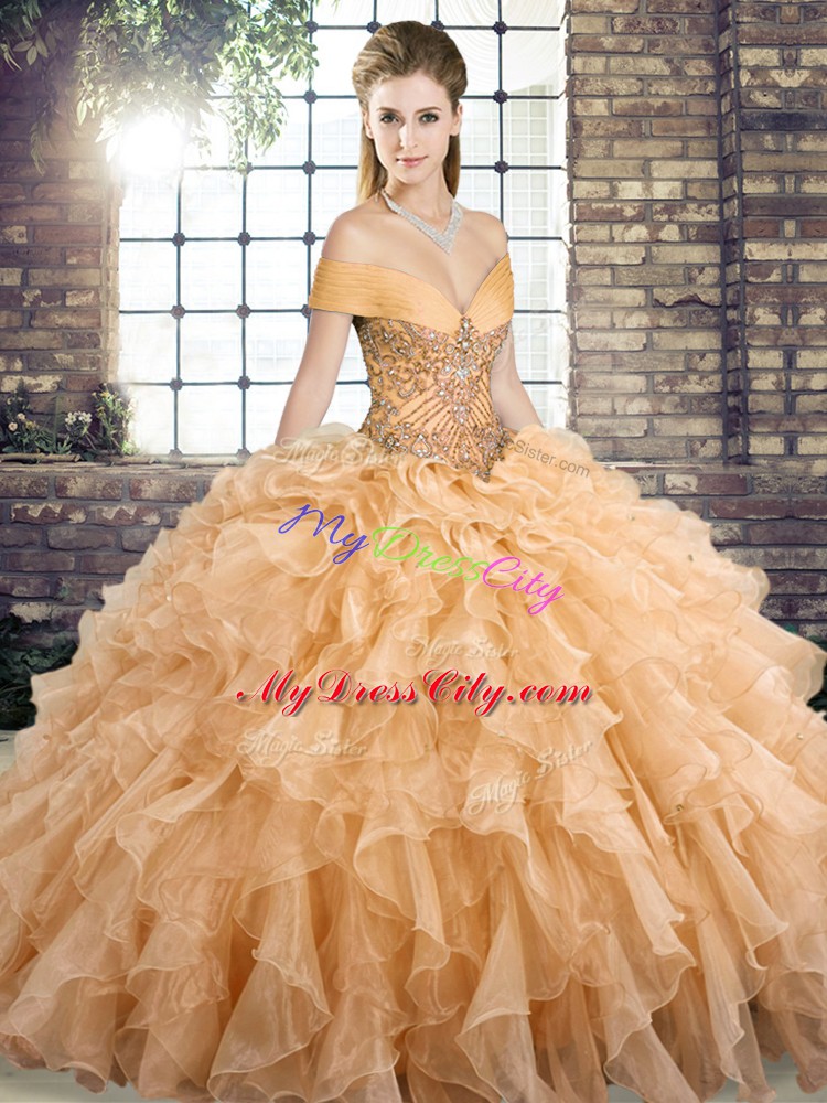 Organza Off The Shoulder Sleeveless Brush Train Lace Up Beading and Ruffles Quinceanera Dress in Gold