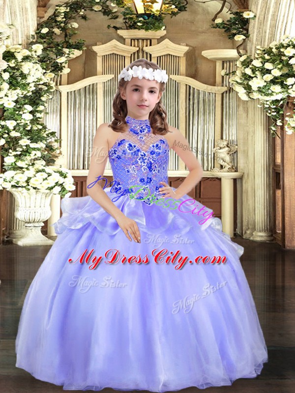 Lavender Ball Gowns Halter Top Sleeveless Organza Floor Length Lace Up Appliques Pageant Dress for Girls