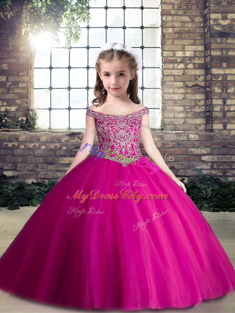 Lovely Floor Length Fuchsia Little Girls Pageant Gowns Tulle Sleeveless Beading