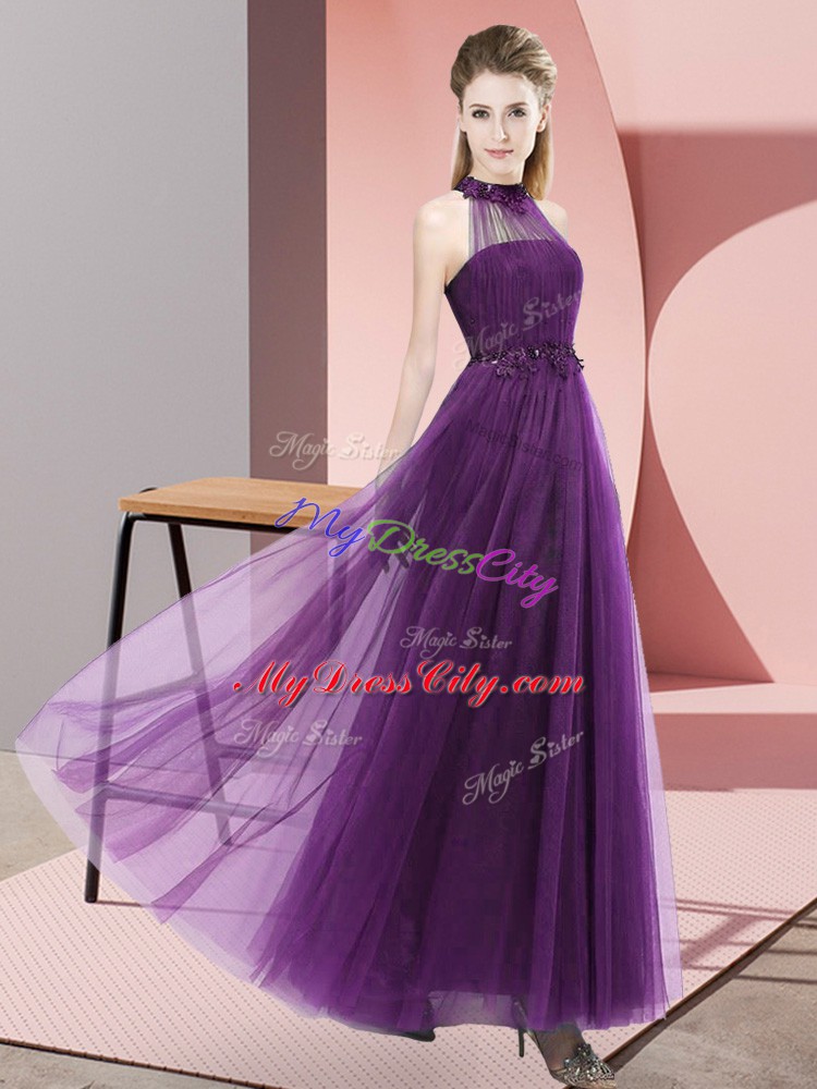 Floor Length Dark Purple Wedding Party Dress Halter Top Sleeveless Lace Up