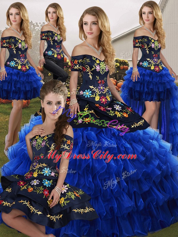 Delicate Floor Length Blue And Black Sweet 16 Dresses Off The Shoulder Sleeveless Lace Up