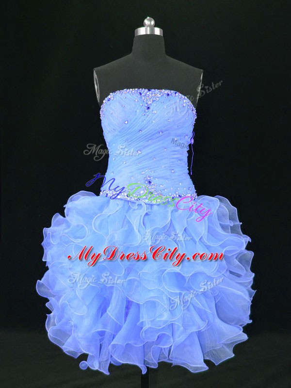 Blue Strapless Neckline Beading and Ruffles Prom Evening Gown Sleeveless Lace Up