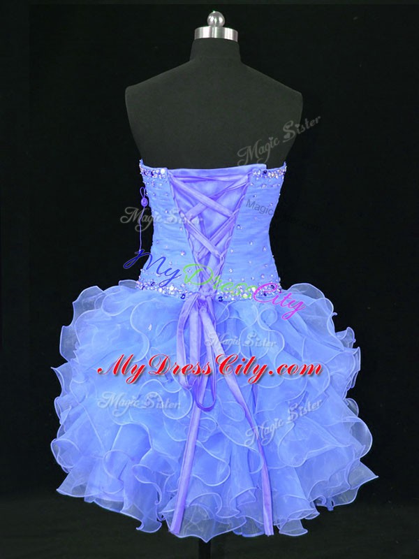 Blue Strapless Neckline Beading and Ruffles Prom Evening Gown Sleeveless Lace Up