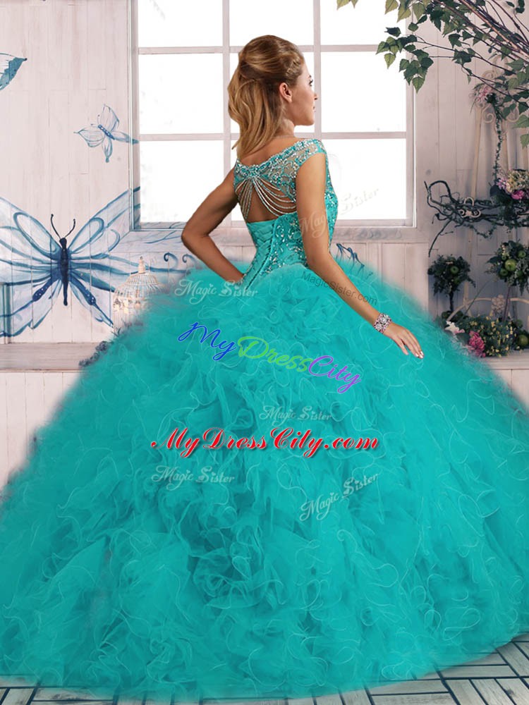 Ideal Off The Shoulder Sleeveless Quince Ball Gowns Brush Train Beading and Ruffles Aqua Blue Tulle