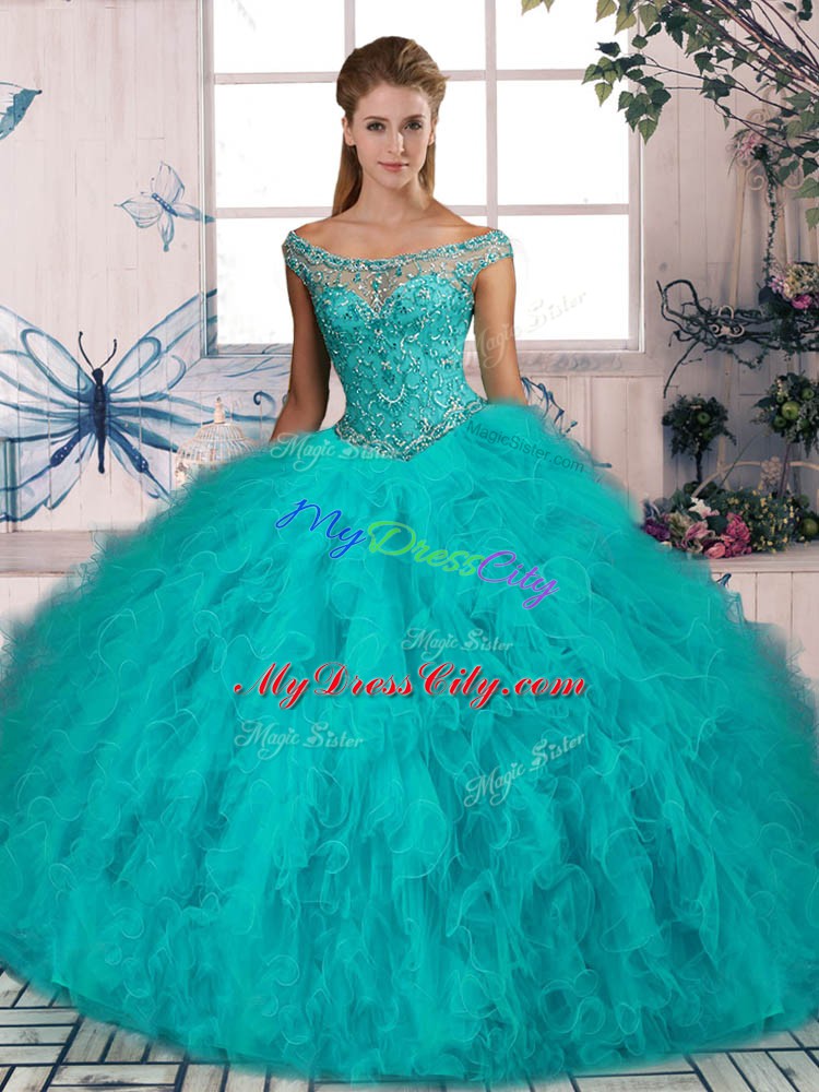 Ideal Off The Shoulder Sleeveless Quince Ball Gowns Brush Train Beading and Ruffles Aqua Blue Tulle