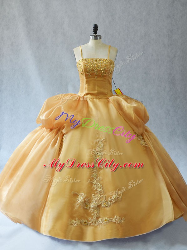 Floor Length Gold Quinceanera Dresses Organza Sleeveless Appliques