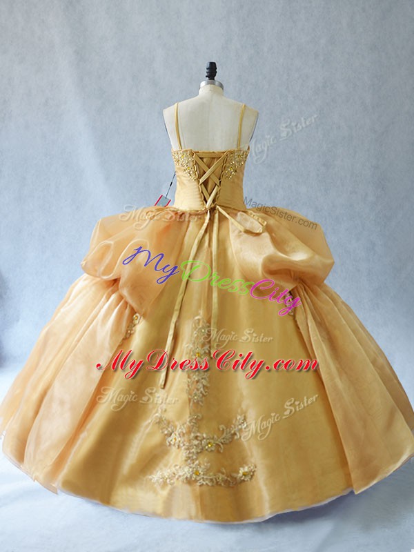 Floor Length Gold Quinceanera Dresses Organza Sleeveless Appliques