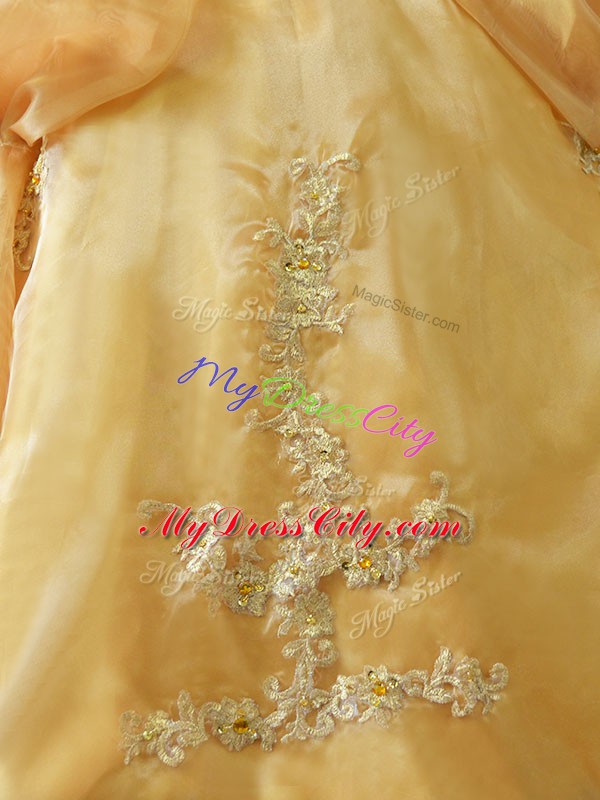 Floor Length Gold Quinceanera Dresses Organza Sleeveless Appliques