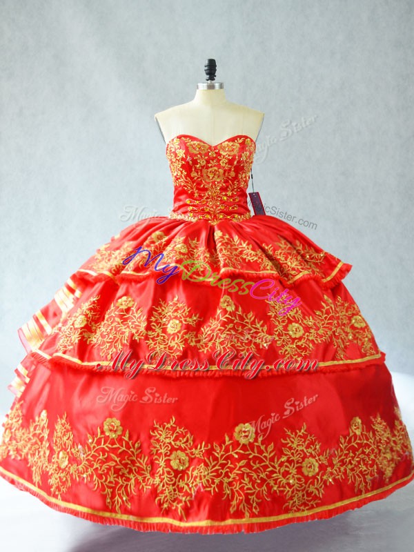 Red Lace Up Sweetheart Embroidery and Ruffled Layers Quince Ball Gowns Satin and Organza Sleeveless