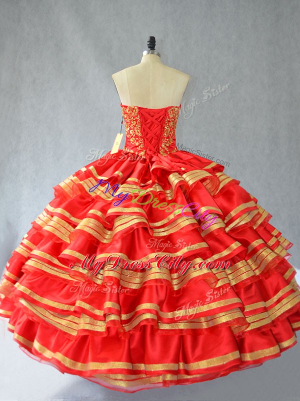 Red Lace Up Sweetheart Embroidery and Ruffled Layers Quince Ball Gowns Satin and Organza Sleeveless