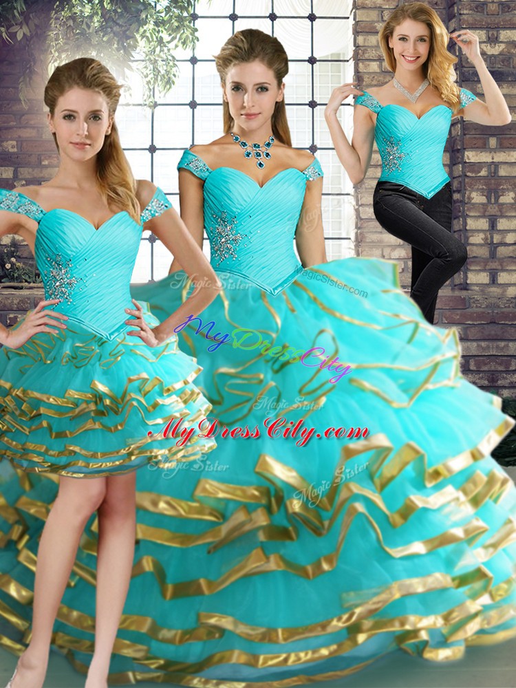 Custom Design Sleeveless Beading and Ruffled Layers Lace Up Quinceanera Dress