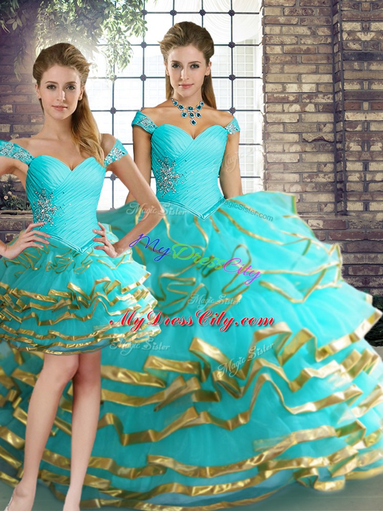 Custom Design Sleeveless Beading and Ruffled Layers Lace Up Quinceanera Dress