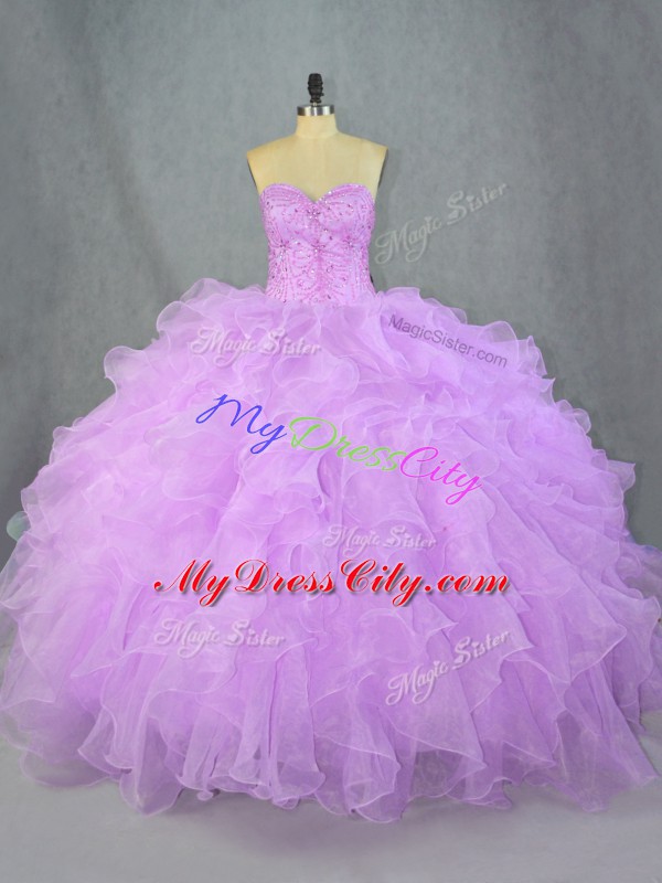 Classical Lavender Ball Gowns Organza Sweetheart Sleeveless Beading and Ruffles Floor Length Lace Up Vestidos de Quinceanera