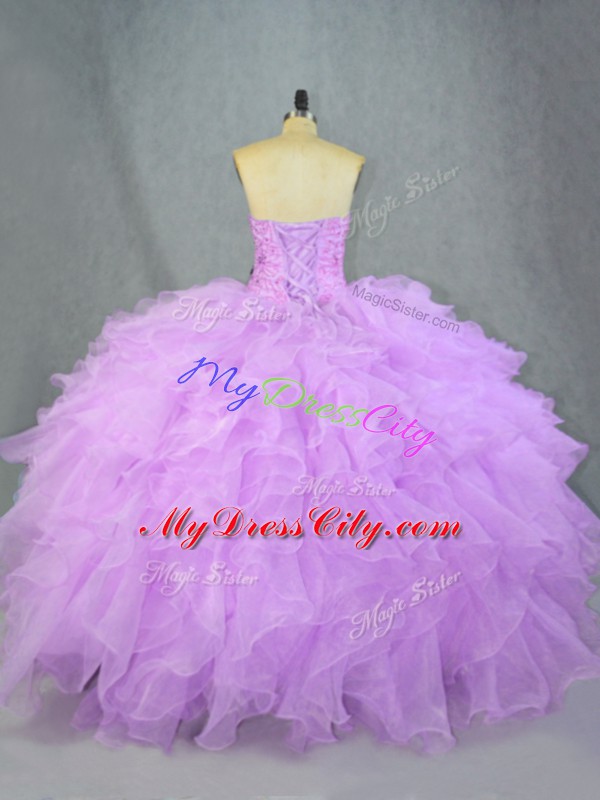 Classical Lavender Ball Gowns Organza Sweetheart Sleeveless Beading and Ruffles Floor Length Lace Up Vestidos de Quinceanera