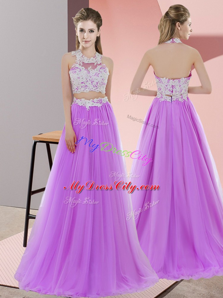 Low Price Halter Top Sleeveless Zipper Lace Wedding Guest Dresses in Lavender