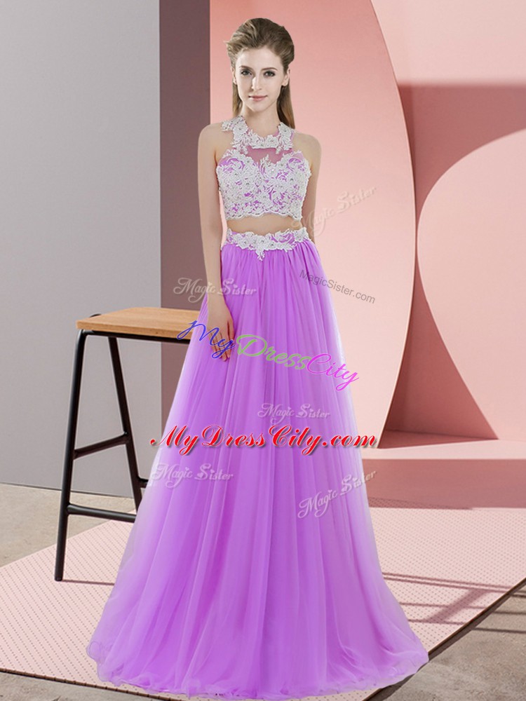 Low Price Halter Top Sleeveless Zipper Lace Wedding Guest Dresses in Lavender