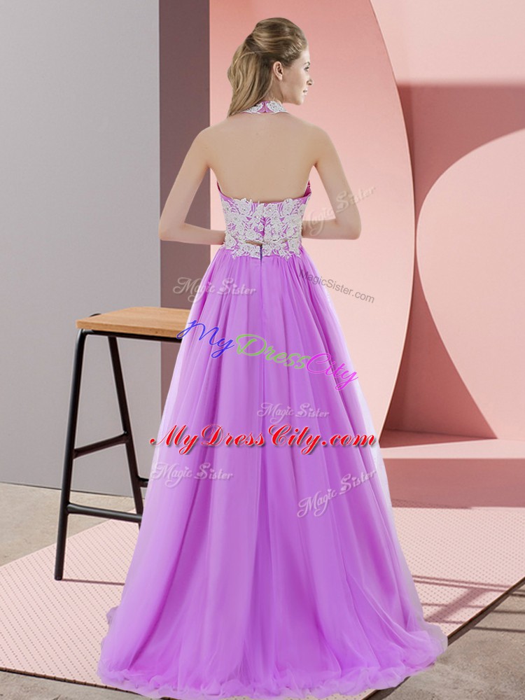 Low Price Halter Top Sleeveless Zipper Lace Wedding Guest Dresses in Lavender