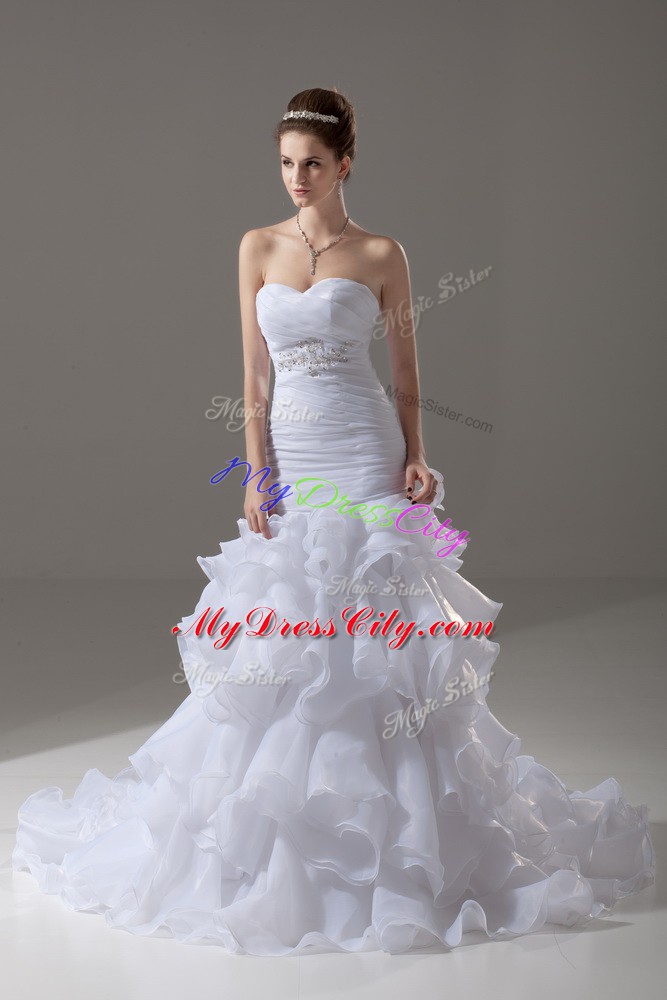 Fancy White Mermaid Beading and Ruffled Layers Wedding Dresses Lace Up Organza Sleeveless