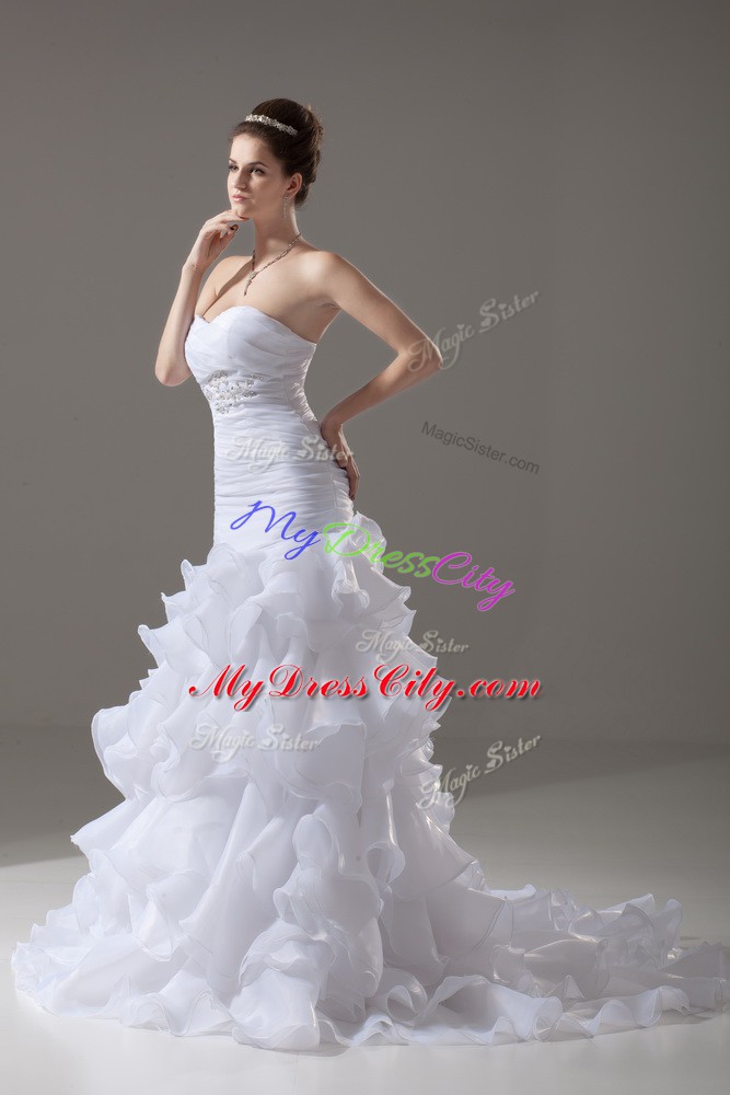 Fancy White Mermaid Beading and Ruffled Layers Wedding Dresses Lace Up Organza Sleeveless