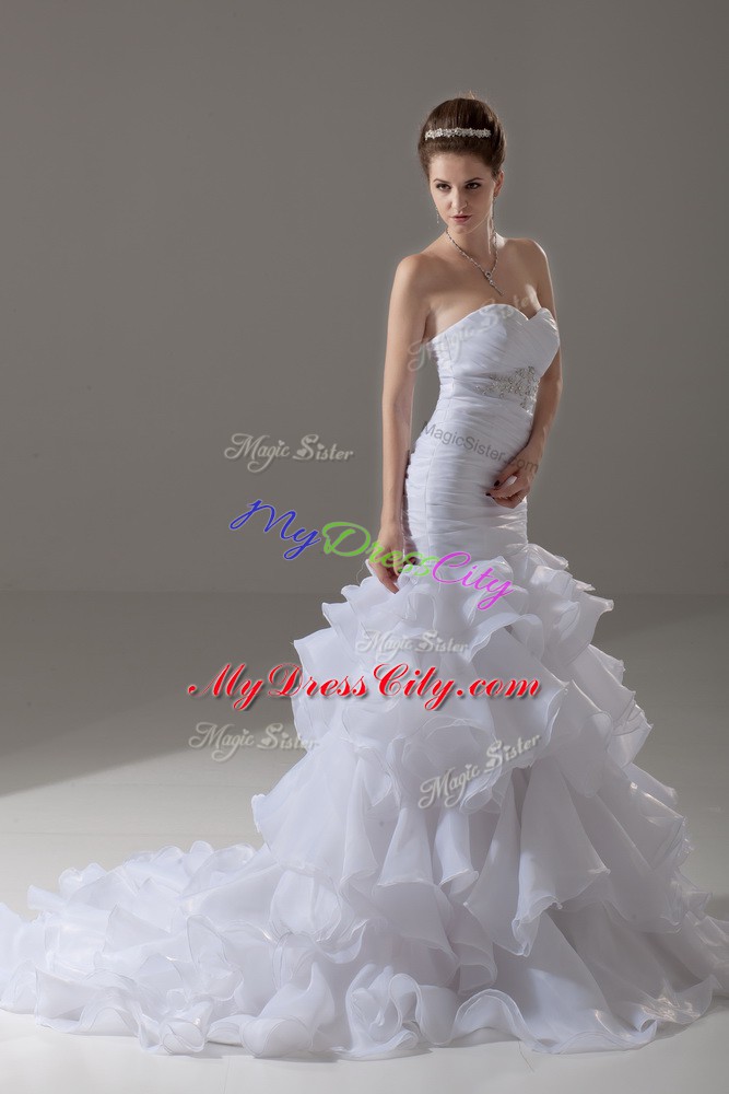 Fancy White Mermaid Beading and Ruffled Layers Wedding Dresses Lace Up Organza Sleeveless