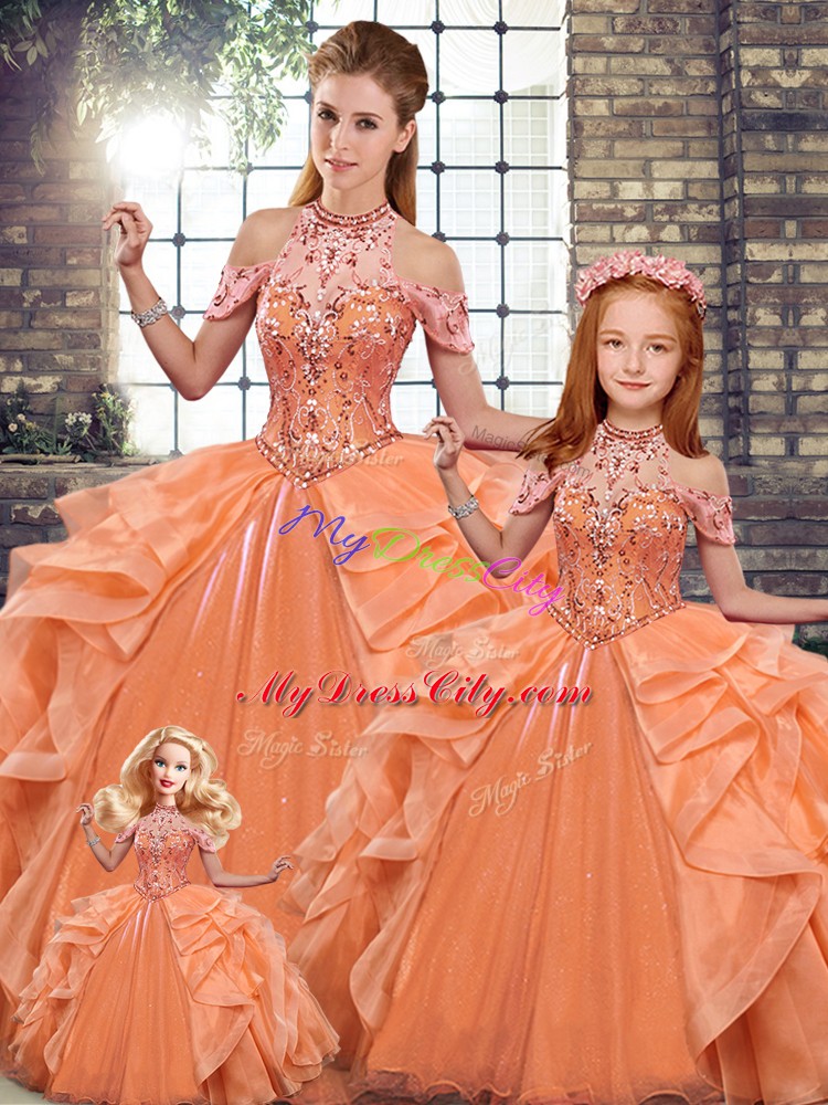 Orange Halter Top Lace Up Beading and Ruffles Quinceanera Dress Sleeveless