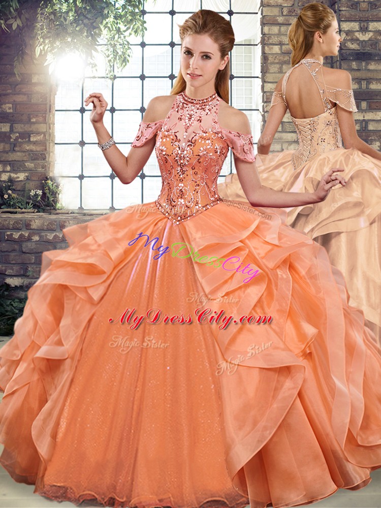 Orange Halter Top Lace Up Beading and Ruffles Quinceanera Dress Sleeveless