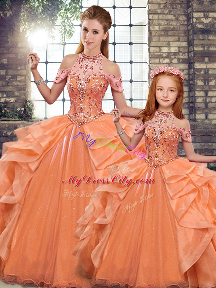 Orange Halter Top Lace Up Beading and Ruffles Quinceanera Dress Sleeveless