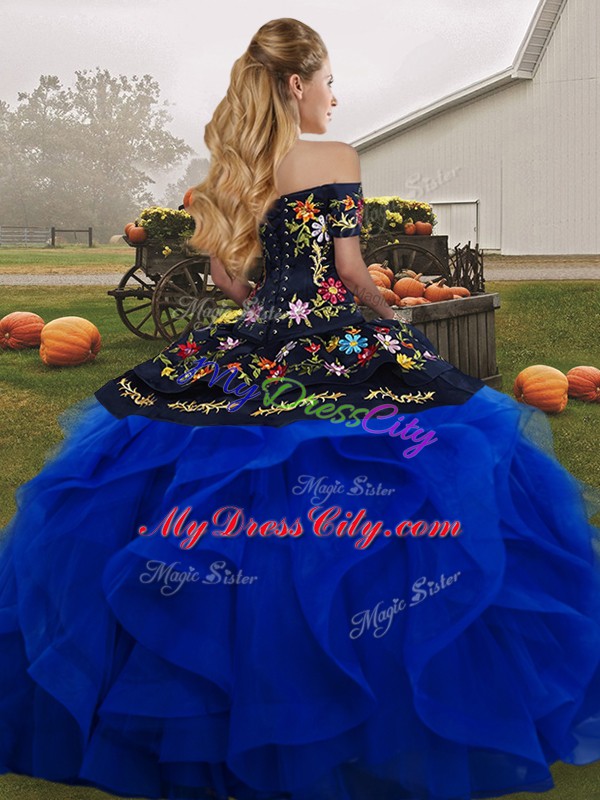 Adorable Rust Red Off The Shoulder Neckline Embroidery and Ruffles Vestidos de Quinceanera Sleeveless Lace Up