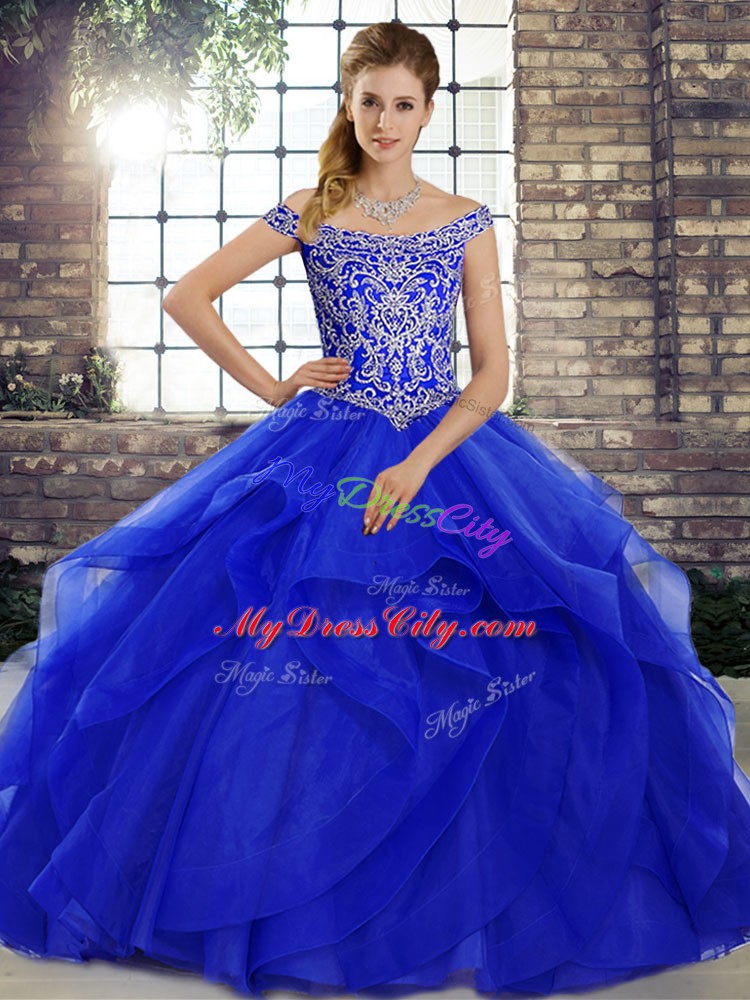 Traditional Royal Blue Lace Up Off The Shoulder Beading and Ruffles Quinceanera Gown Tulle Sleeveless Brush Train